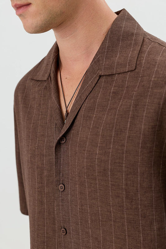 Men's Short-Sleeve Striped Relaxed-Fit Shirt with Linen Blend