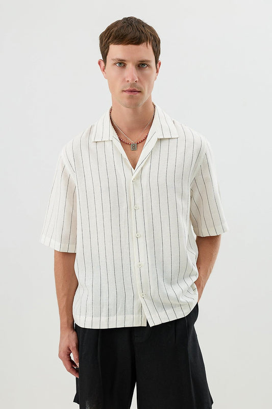 Men's Short-Sleeve Striped Relaxed-Fit Shirt with Linen Blend