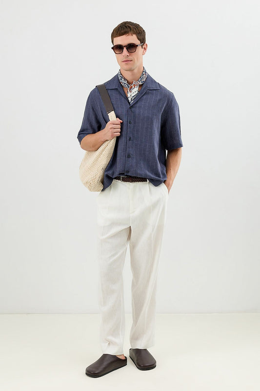 Men's Short-Sleeve Striped Relaxed-Fit Shirt with Linen Blend