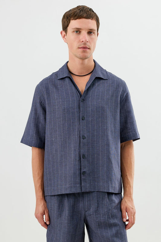 Men's Short-Sleeve Striped Relaxed-Fit Shirt with Linen Blend