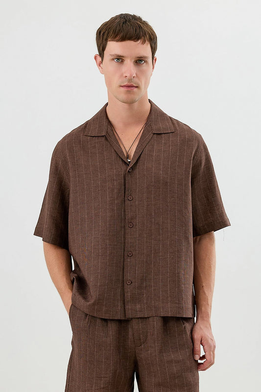 Men's Short-Sleeve Striped Relaxed-Fit Shirt with Linen Blend
