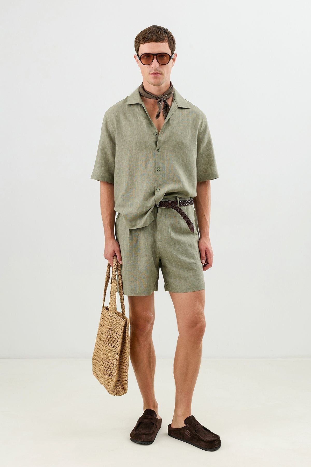 Linen-Blend Striped Pleated Shorts