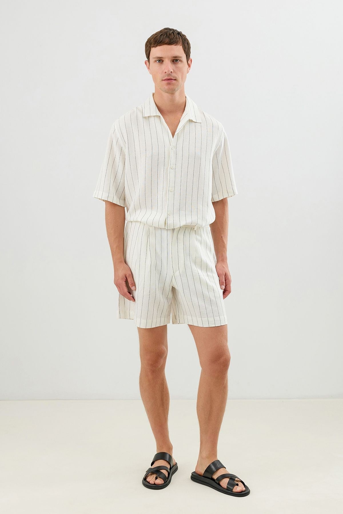 Linen-Blend Striped Pleated Shorts