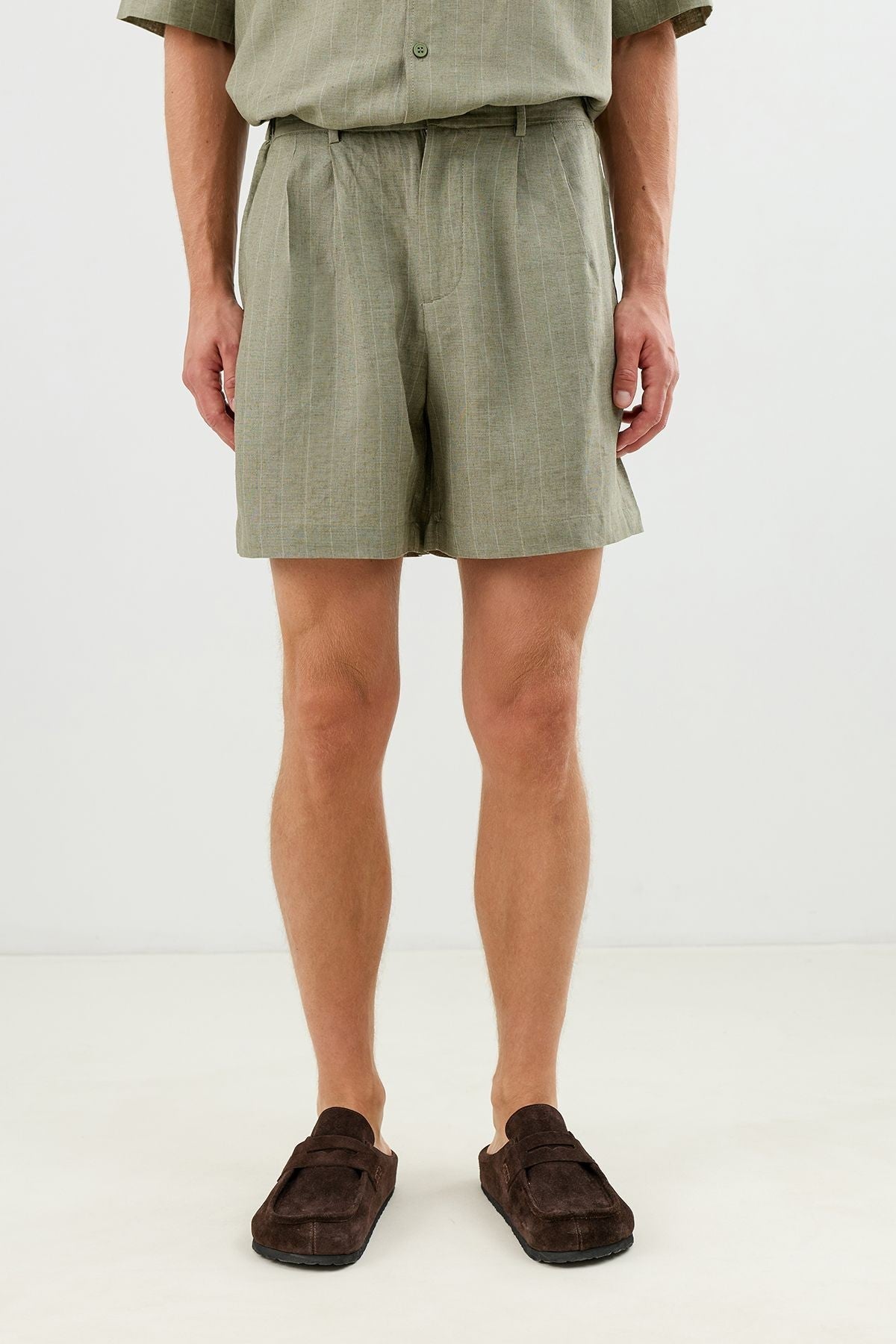 Linen-Blend Striped Pleated Shorts