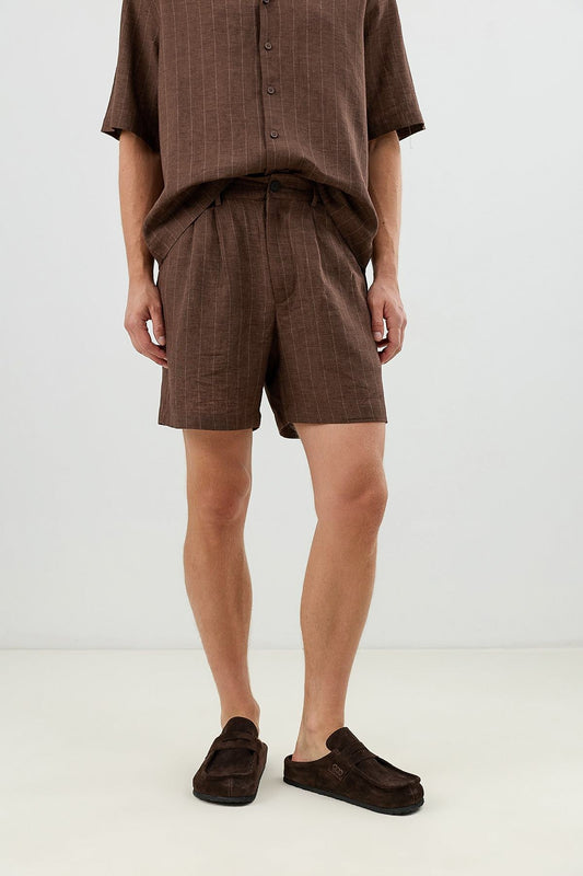 Linen-Blend Striped Pleated Shorts