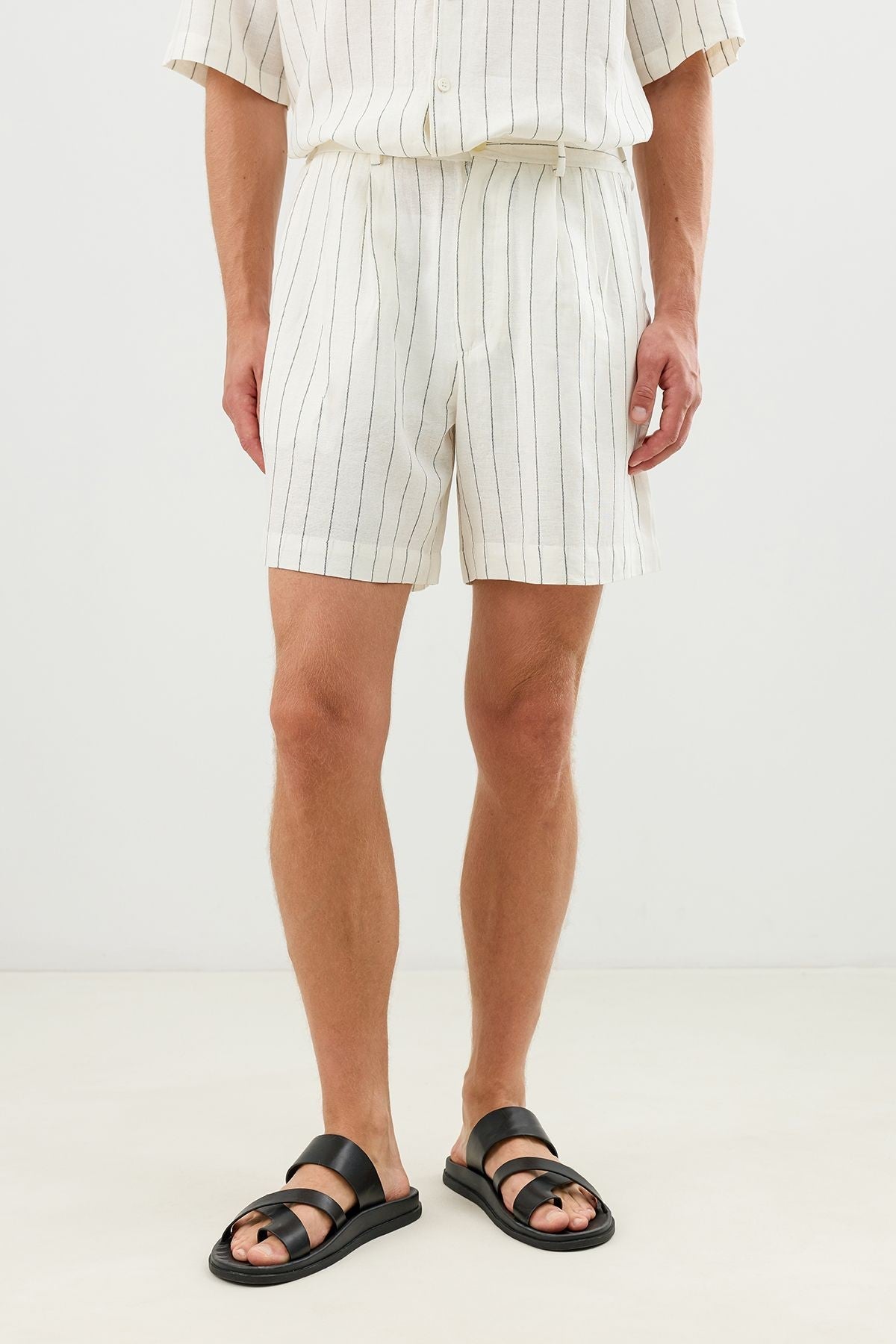 Linen-Blend Striped Pleated Shorts