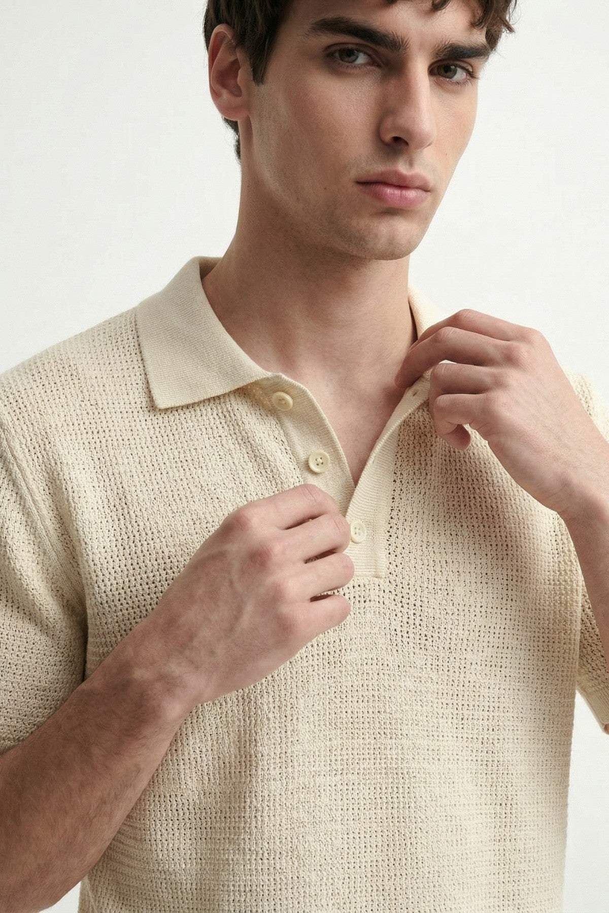 Men's Knitted-Textured Polo-Neck T-Shirt