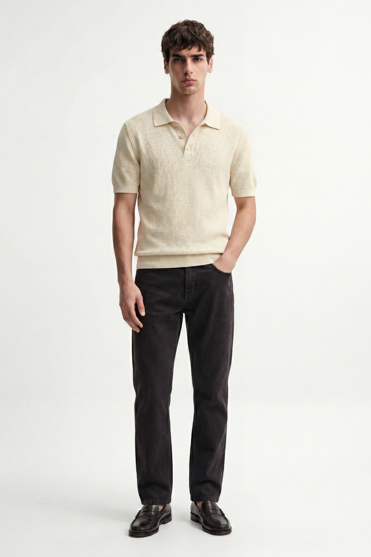 Men's Knitted-Textured Polo-Neck T-Shirt