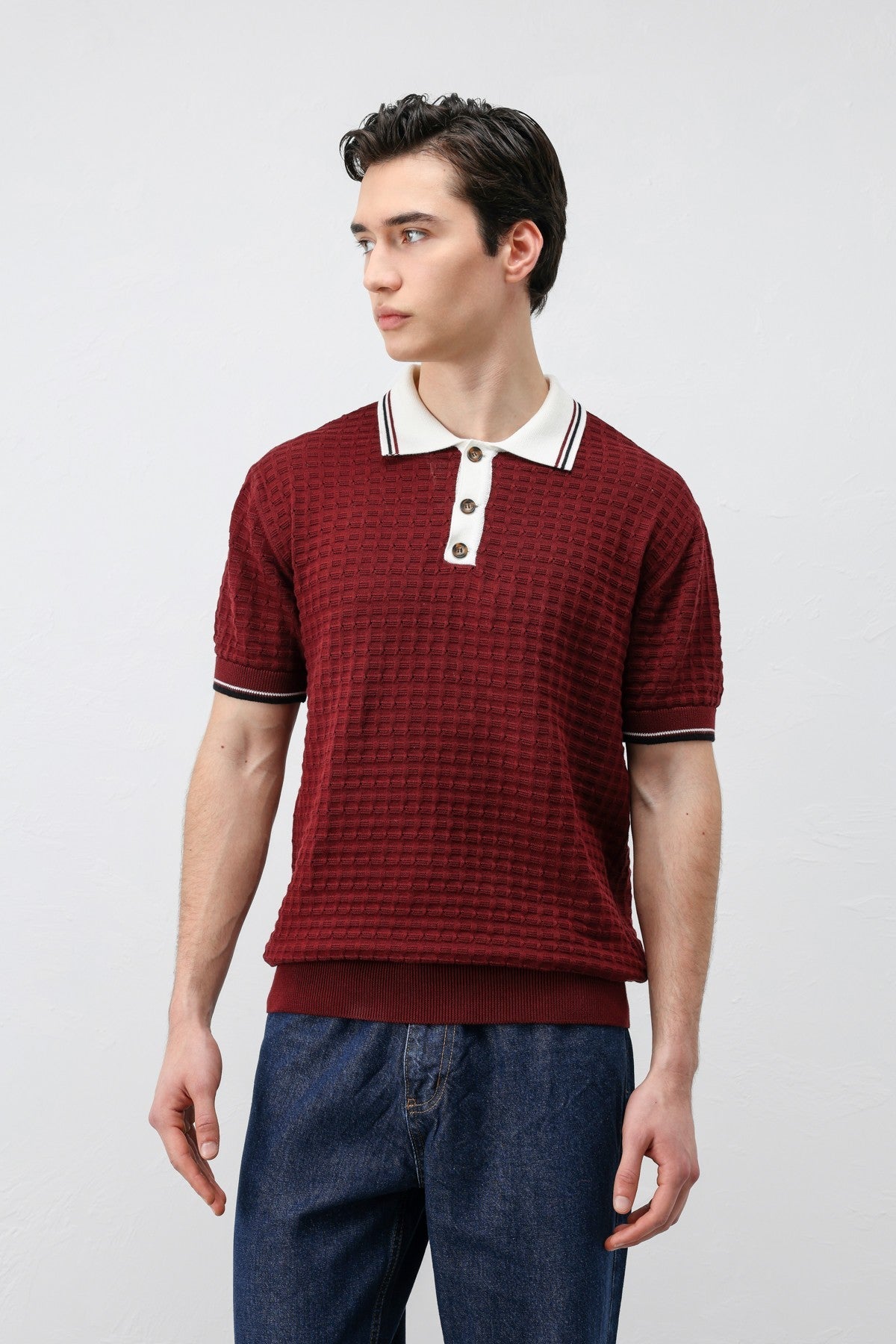 Cotton-Blend Textured Polo Neck Sweater