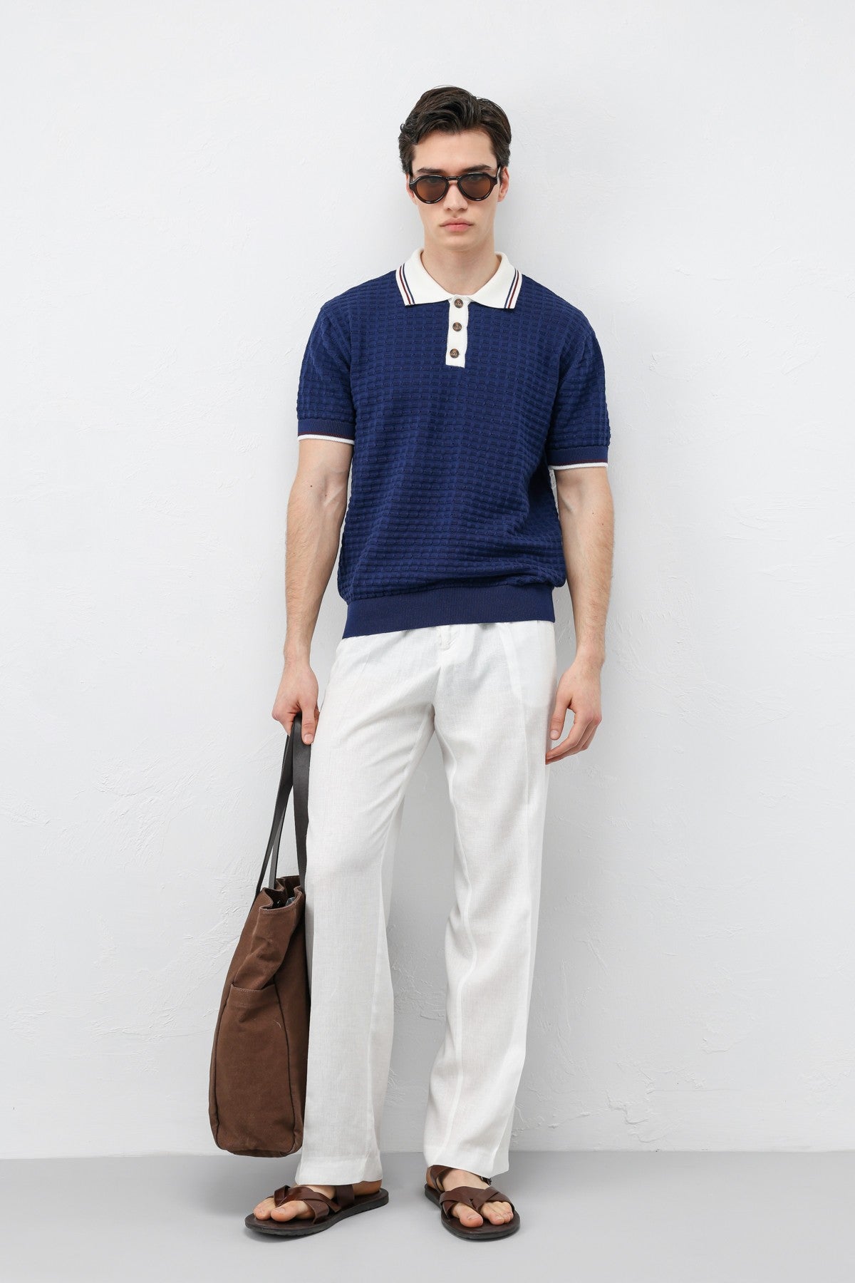 Cotton-Blend Textured Polo Neck Sweater