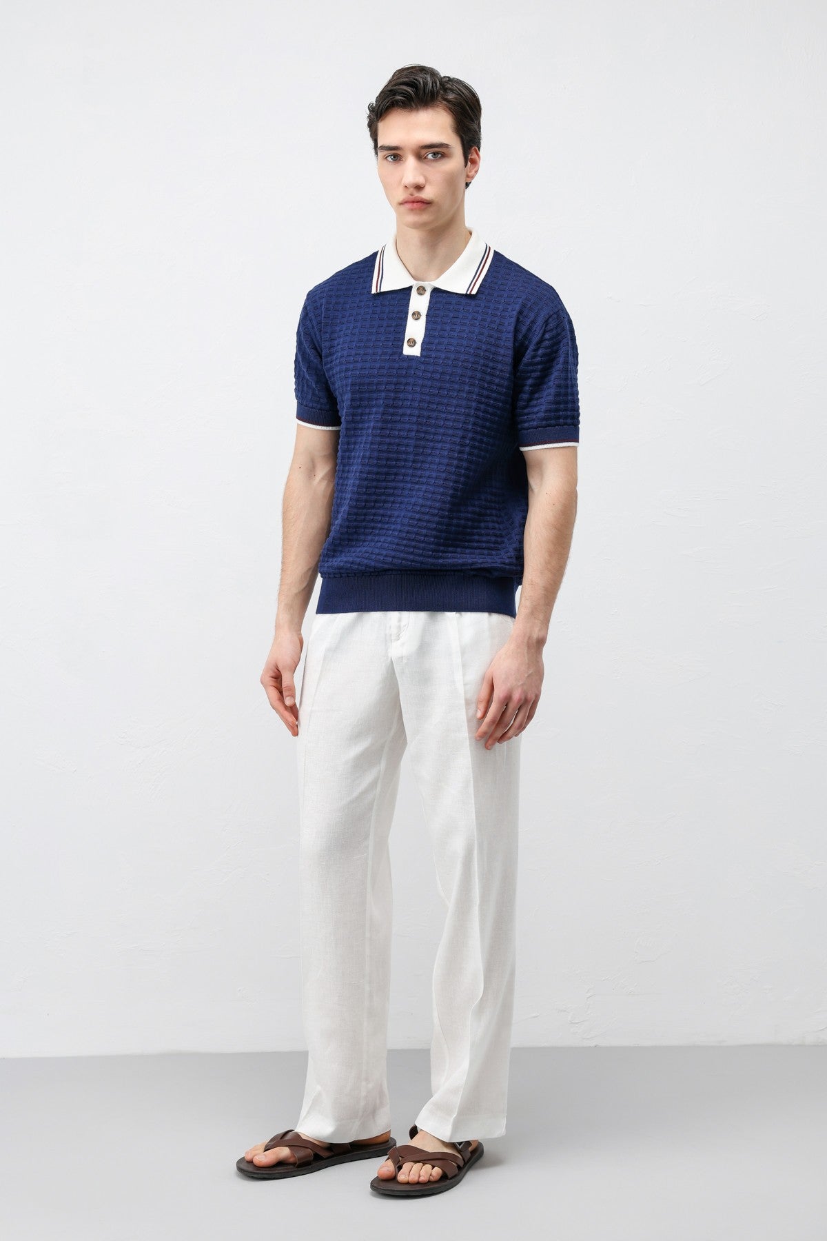 Cotton-Blend Textured Polo Neck Sweater