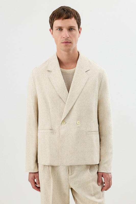 Linen-Blend Double-Breasted Relaxed-Fit Jacket