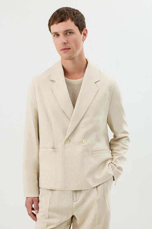 Linen-Blend Double-Breasted Relaxed-Fit Jacket