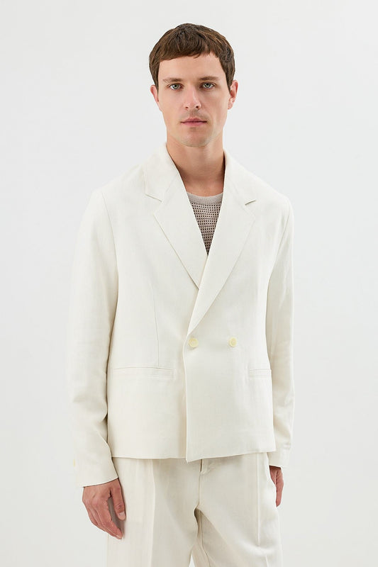 Linen-Blend Double-Breasted Relaxed-Fit Jacket