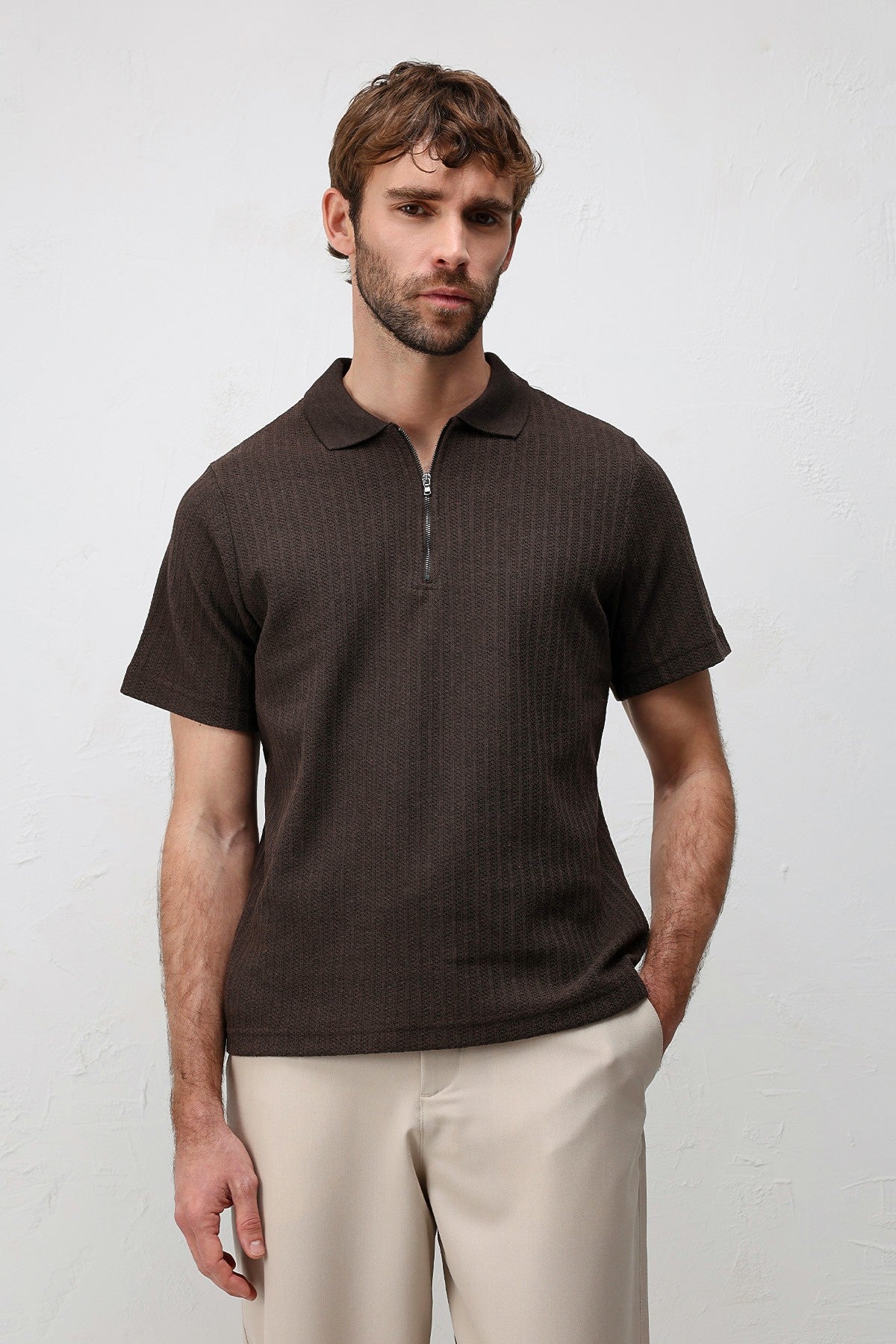 Textured Knit Polo Neck Men's T-Shirt