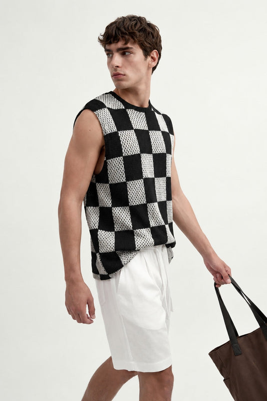 Checkered Sleeveless T-Shirt