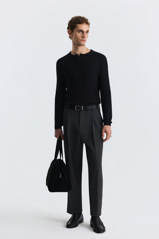 Single-Button, Ribbed, Long-Sleeved T-Shirt