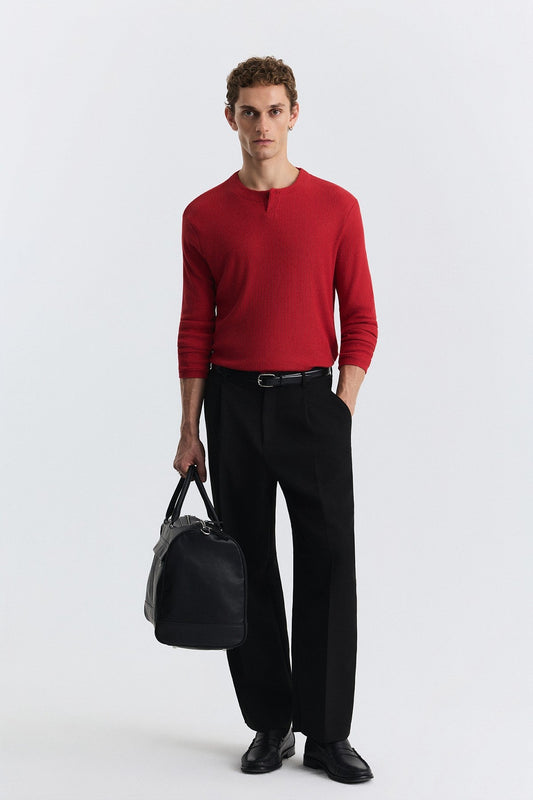 Single-Button, Ribbed, Long-Sleeved T-Shirt