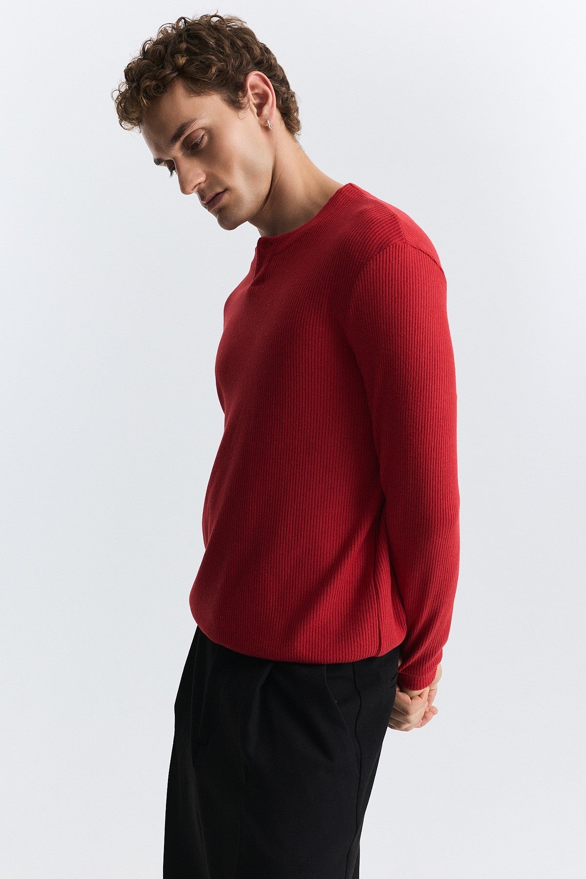 Single-Button, Ribbed, Long-Sleeved T-Shirt