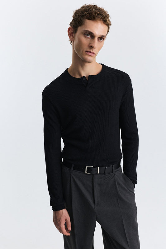Single-Button, Ribbed, Long-Sleeved T-Shirt