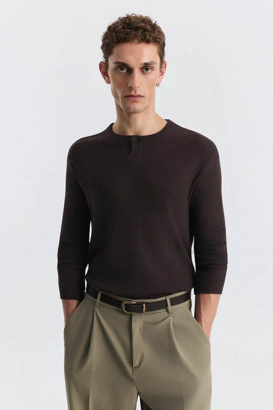 Single-Button, Ribbed, Long-Sleeved T-Shirt
