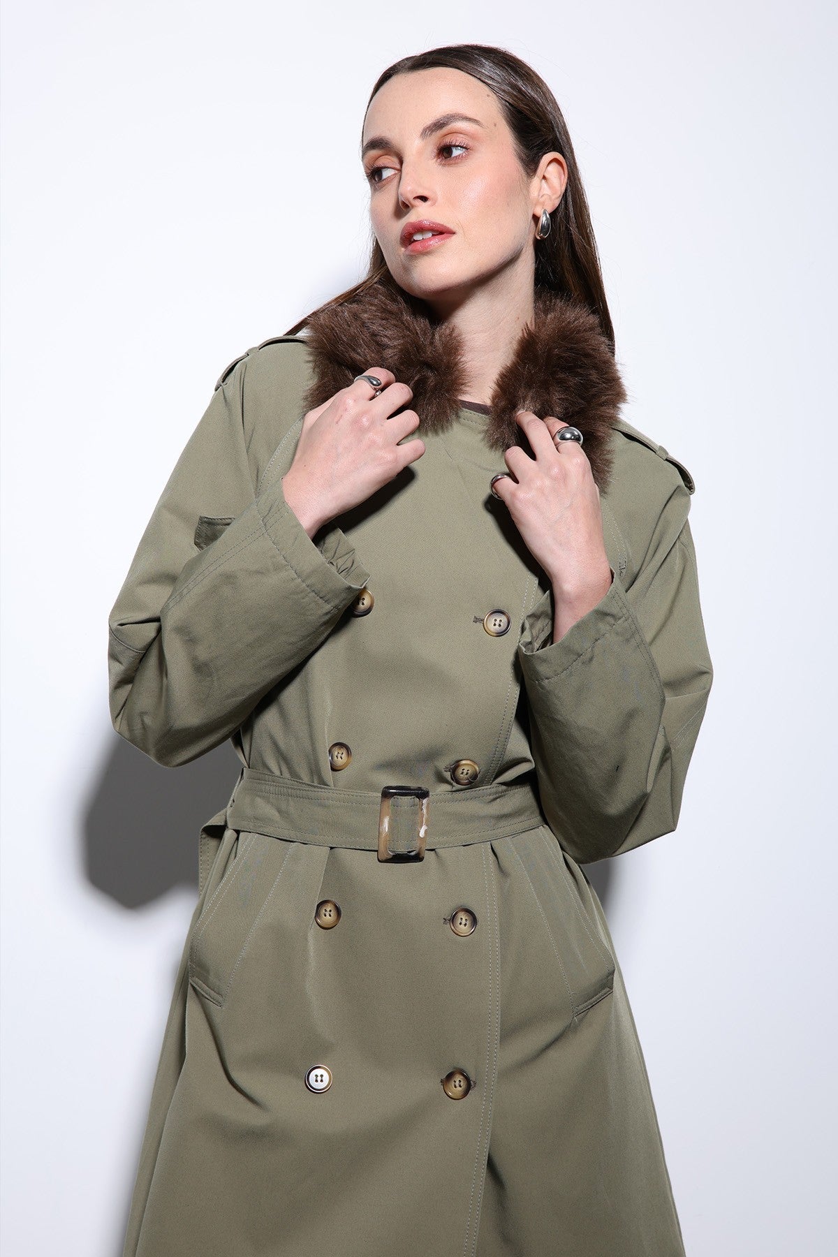 Antioch Women's Trench Coat with Faux Fur Collar
