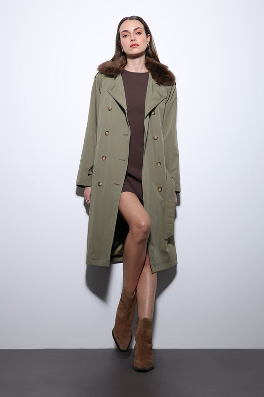Antioch Women's Trench Coat with Faux Fur Collar