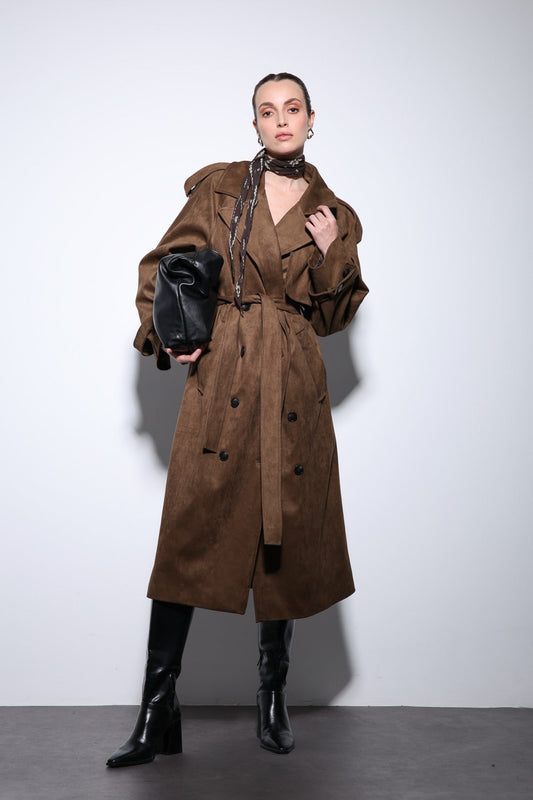 Antioch Premium Women's Suede-Look Cross-Over Trench Coat