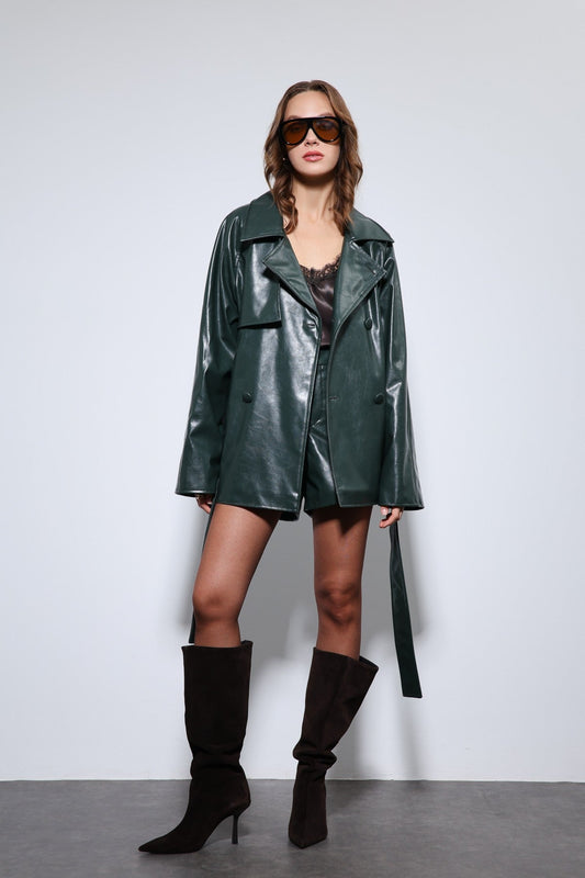 Antioch Faux Leather Belted Trench Coat
