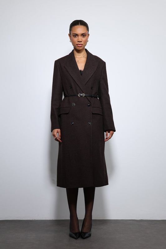 Antioch Herringbone-Patterned Belted Coat