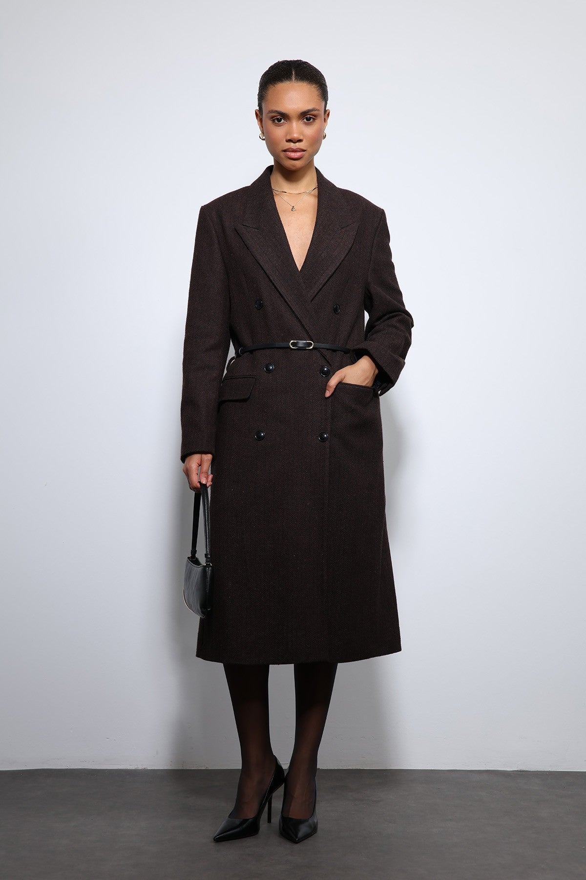 Antioch Herringbone-Patterned Belted Coat