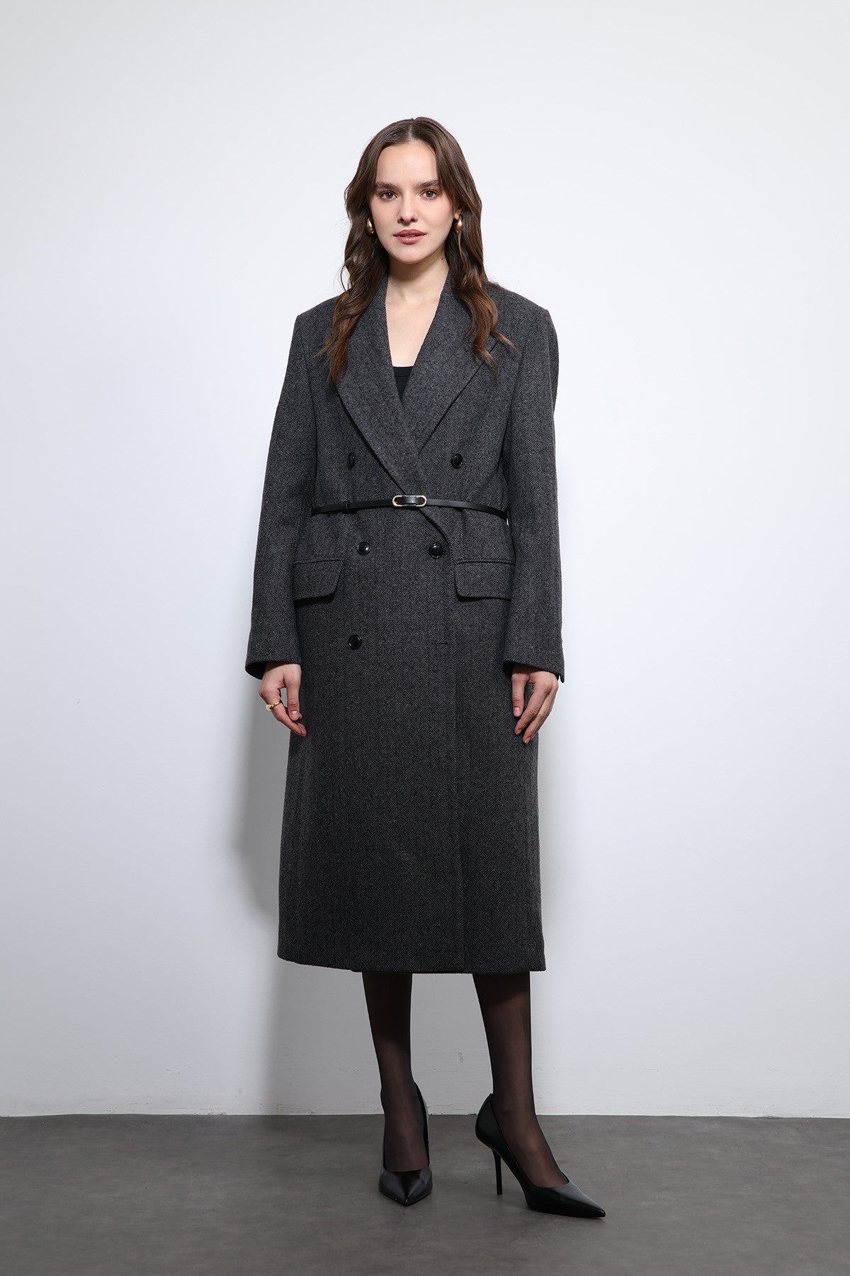 Antioch Herringbone-Patterned Belted Coat