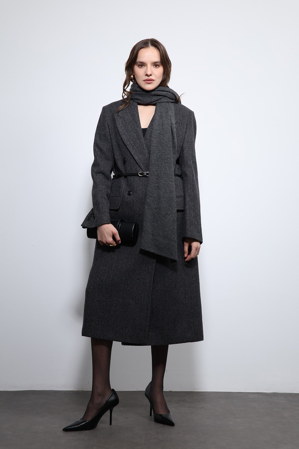 Antioch Herringbone-Patterned Belted Coat