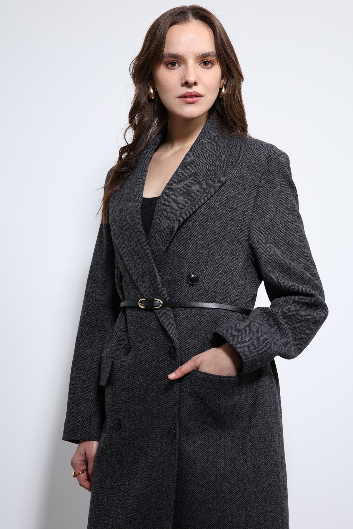 Antioch Herringbone-Patterned Belted Coat