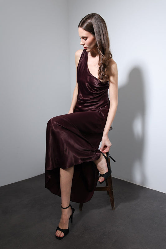 Antioch Asymmetrical-Neckline Satin Maxi Dress