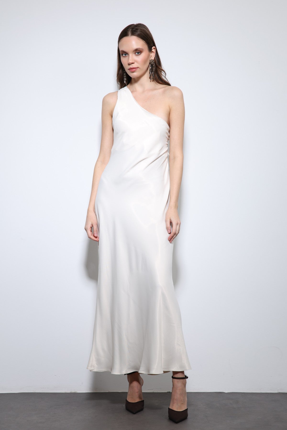 Antioch Asymmetrical-Neckline Satin Maxi Dress