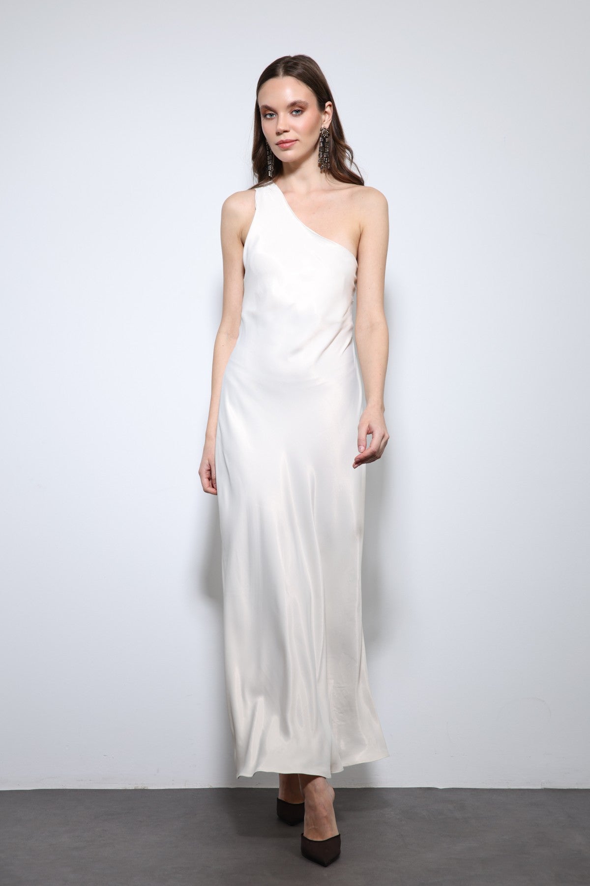 Antioch Asymmetrical-Neckline Satin Maxi Dress