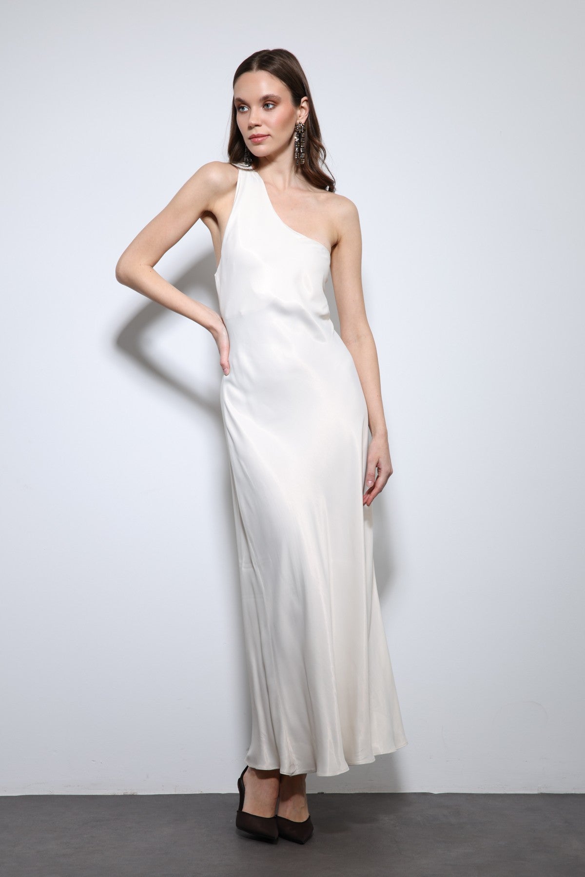 Antioch Asymmetrical-Neckline Satin Maxi Dress