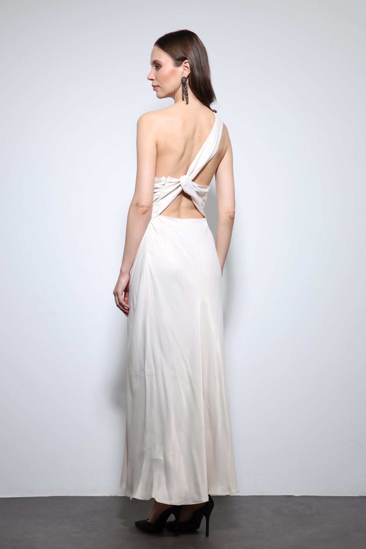 Antioch Asymmetrical-Neckline Satin Maxi Dress