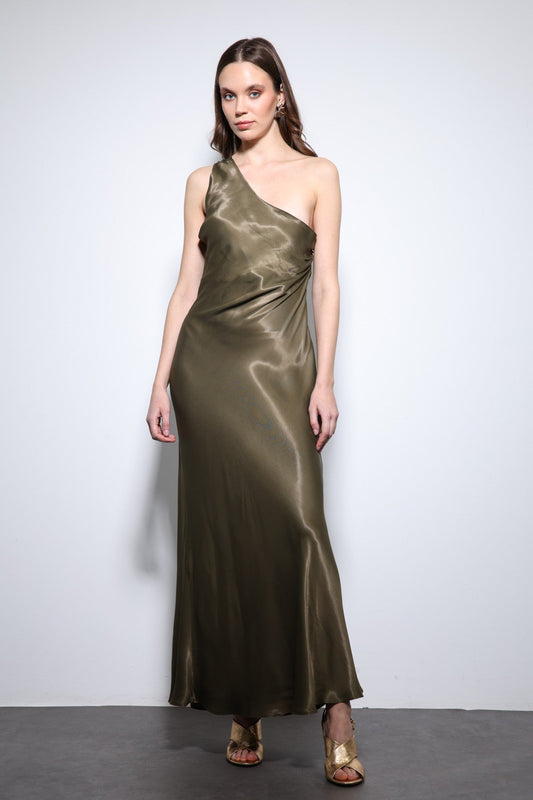 Antioch Asymmetrical-Neckline Satin Maxi Dress