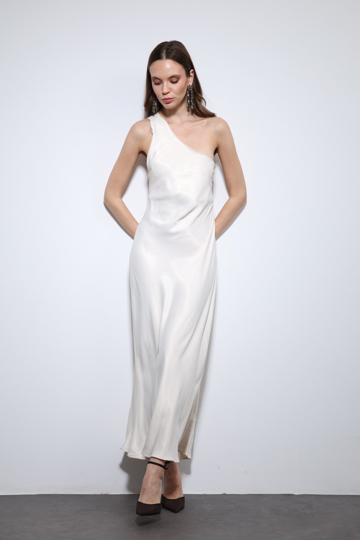 Antioch Asymmetrical-Neckline Satin Maxi Dress