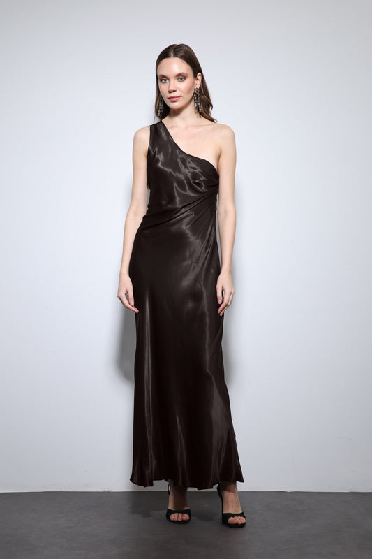 Antioch Asymmetrical-Neckline Satin Maxi Dress