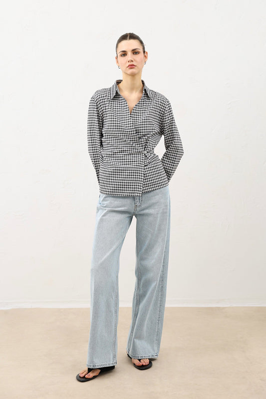 Women's Checkered Shirt with a Wrap-Around Collar