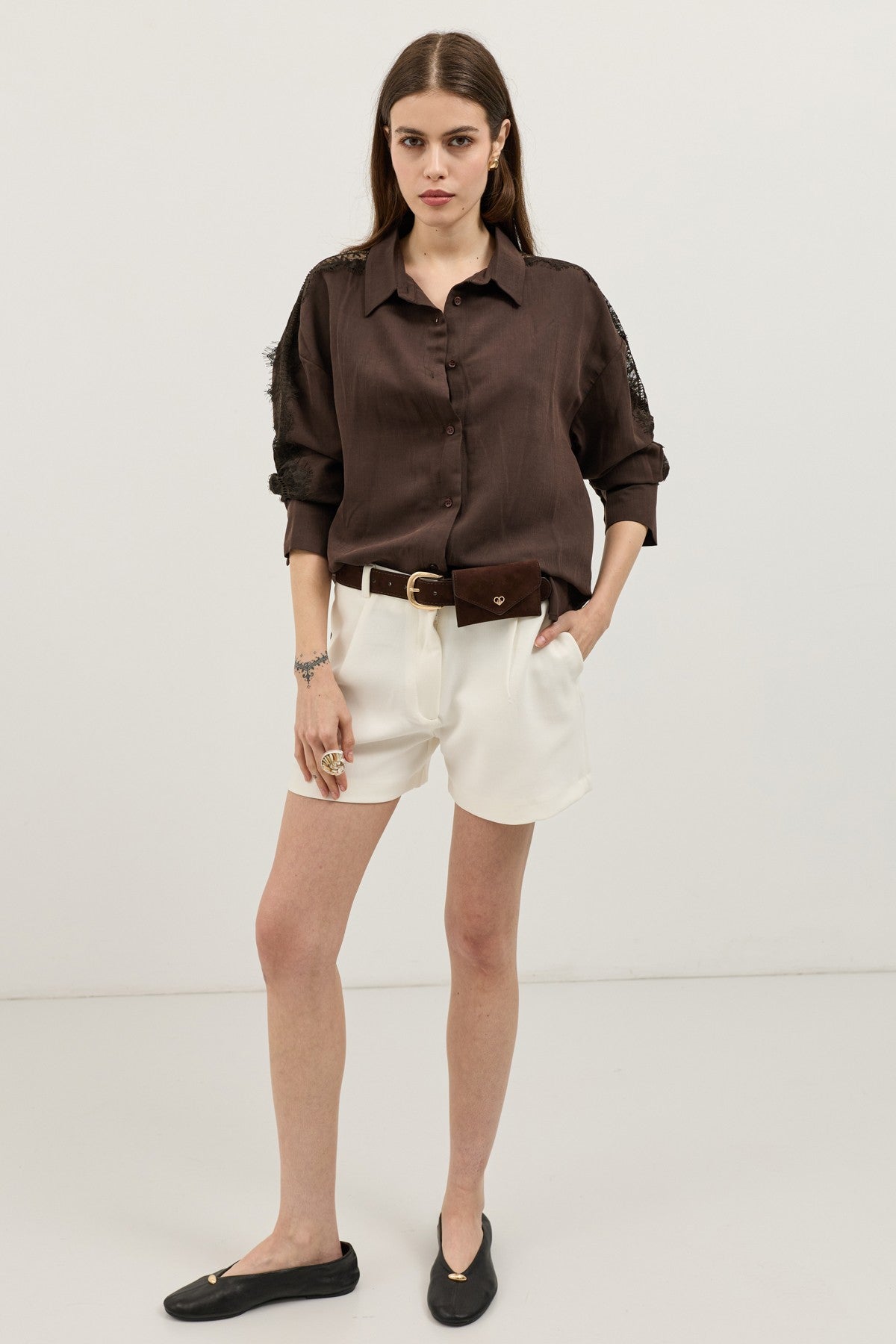 Women's Shirt with Lace-Embellished Sleeves