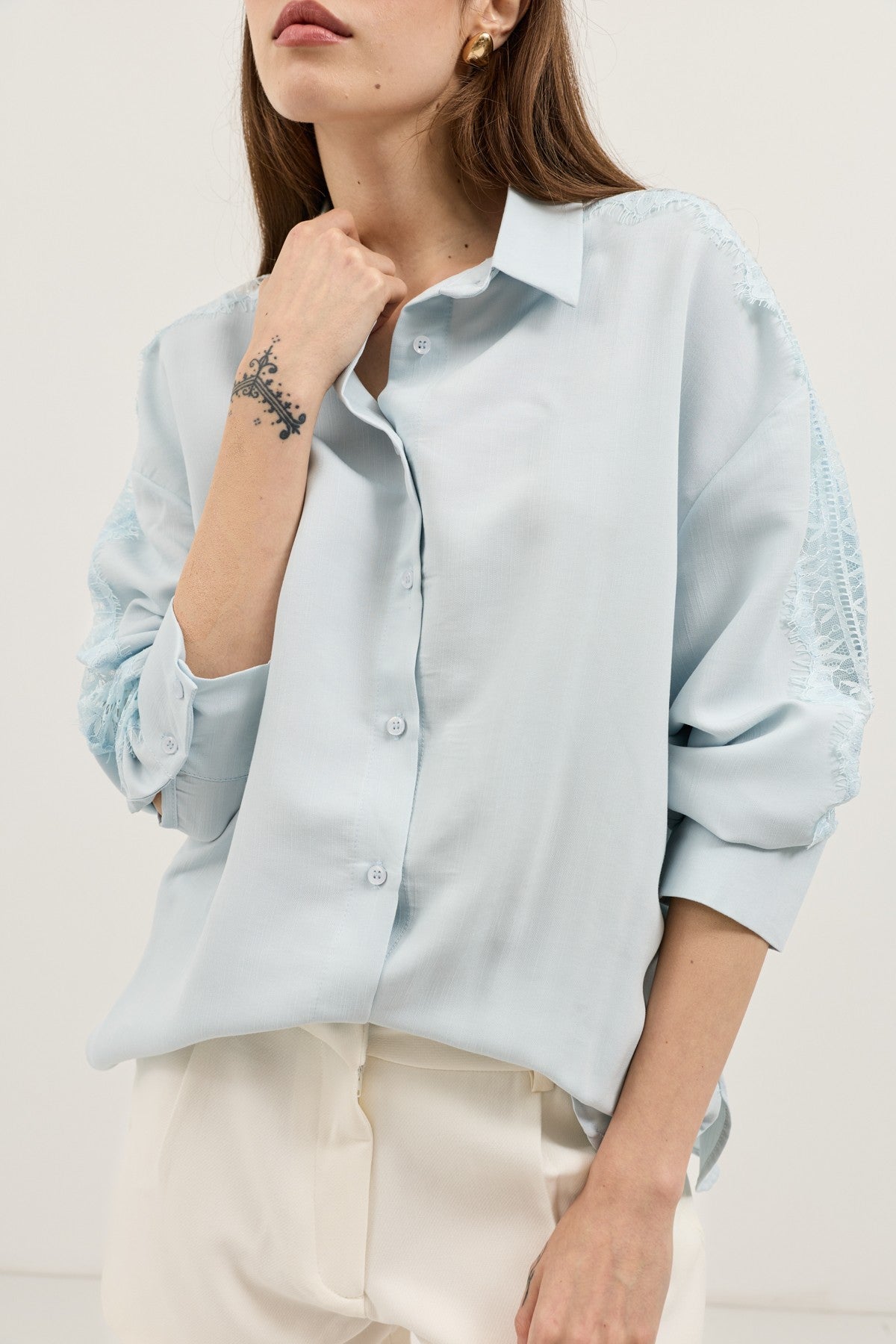 Women's Shirt with Lace-Embellished Sleeves