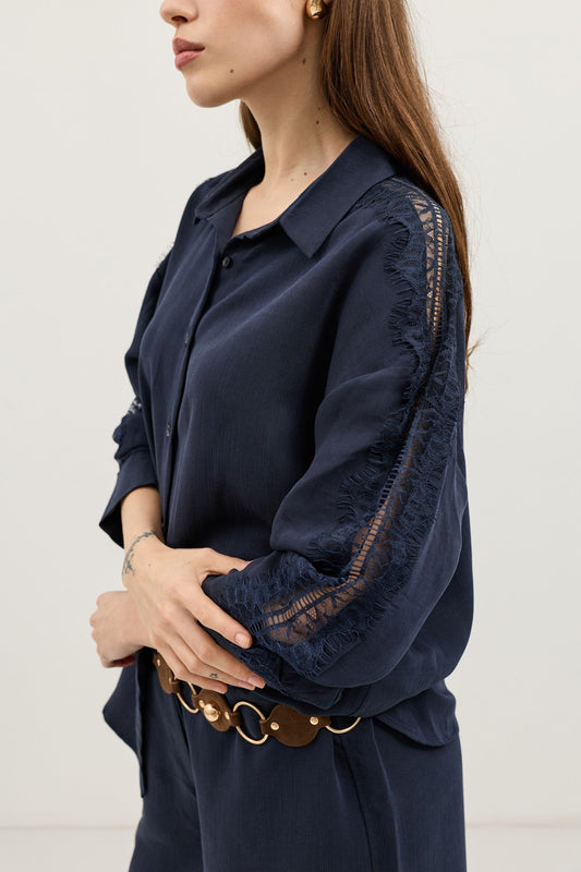 Women's Shirt with Lace-Embellished Sleeves