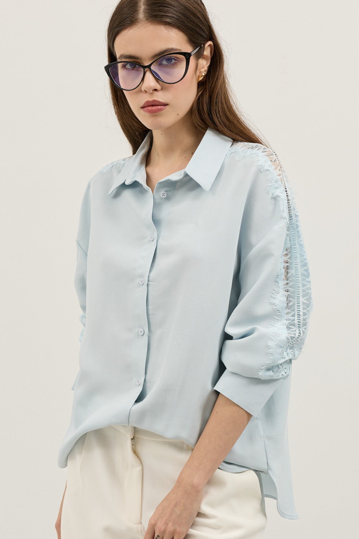 Women's Shirt with Lace-Embellished Sleeves