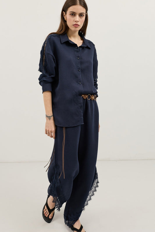 Women's Shirt with Lace-Embellished Sleeves