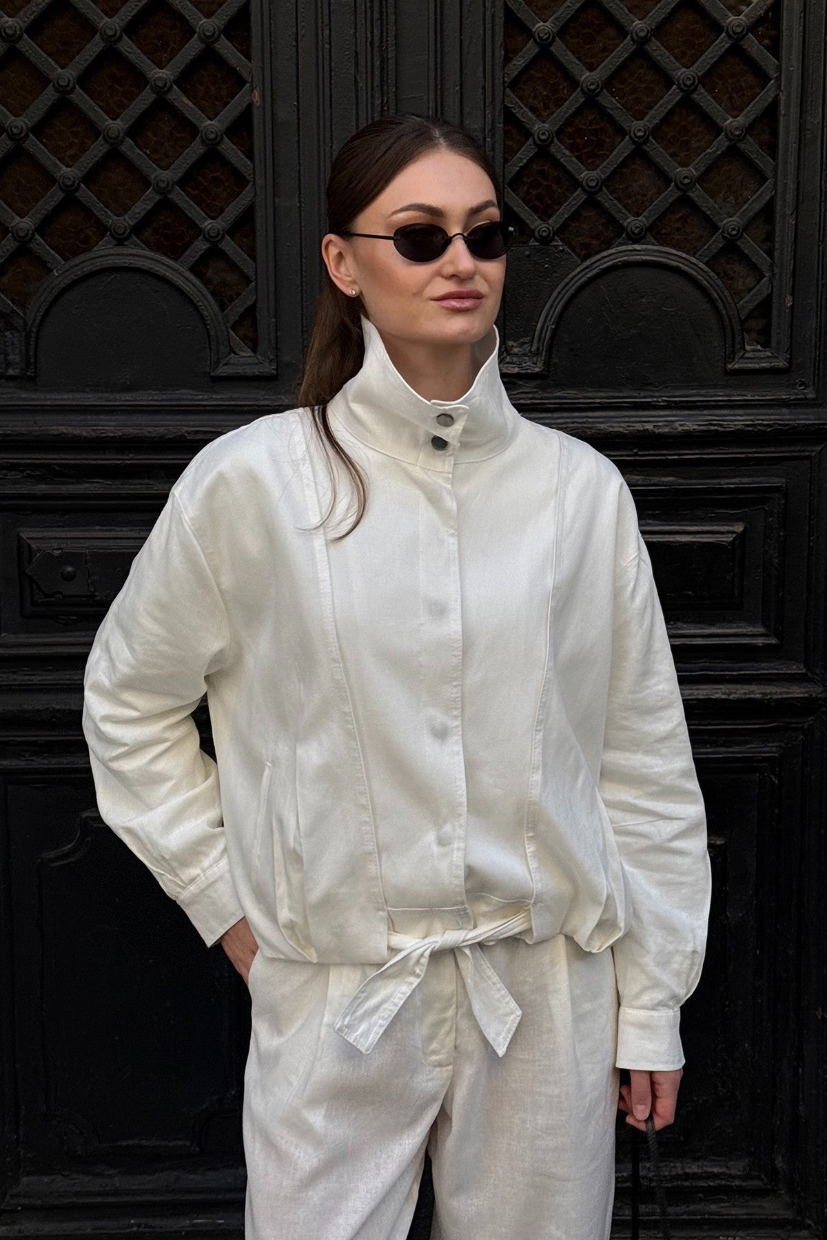 Linen-Blend Stand-Up Collar Bomber Jacket