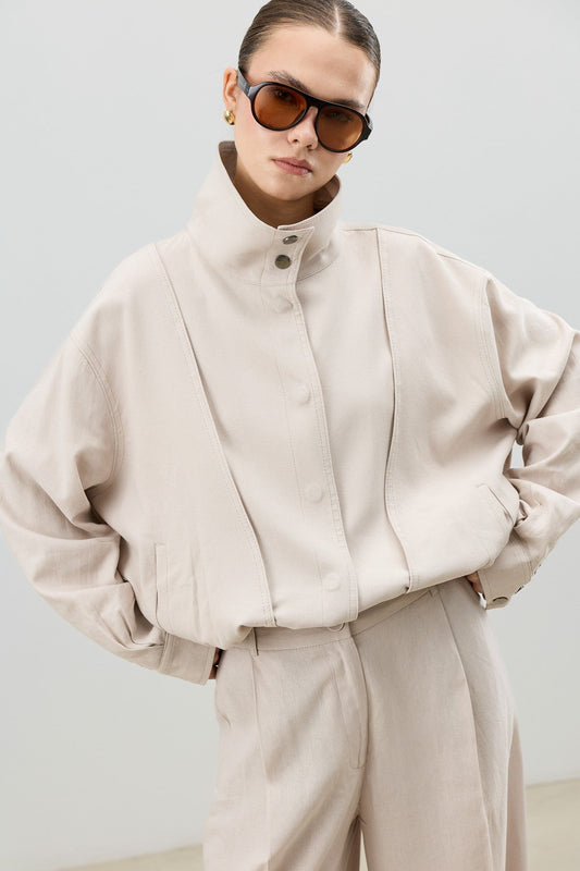 Antioch Linen-Blend Stand-Up Collar Bomber Jacket